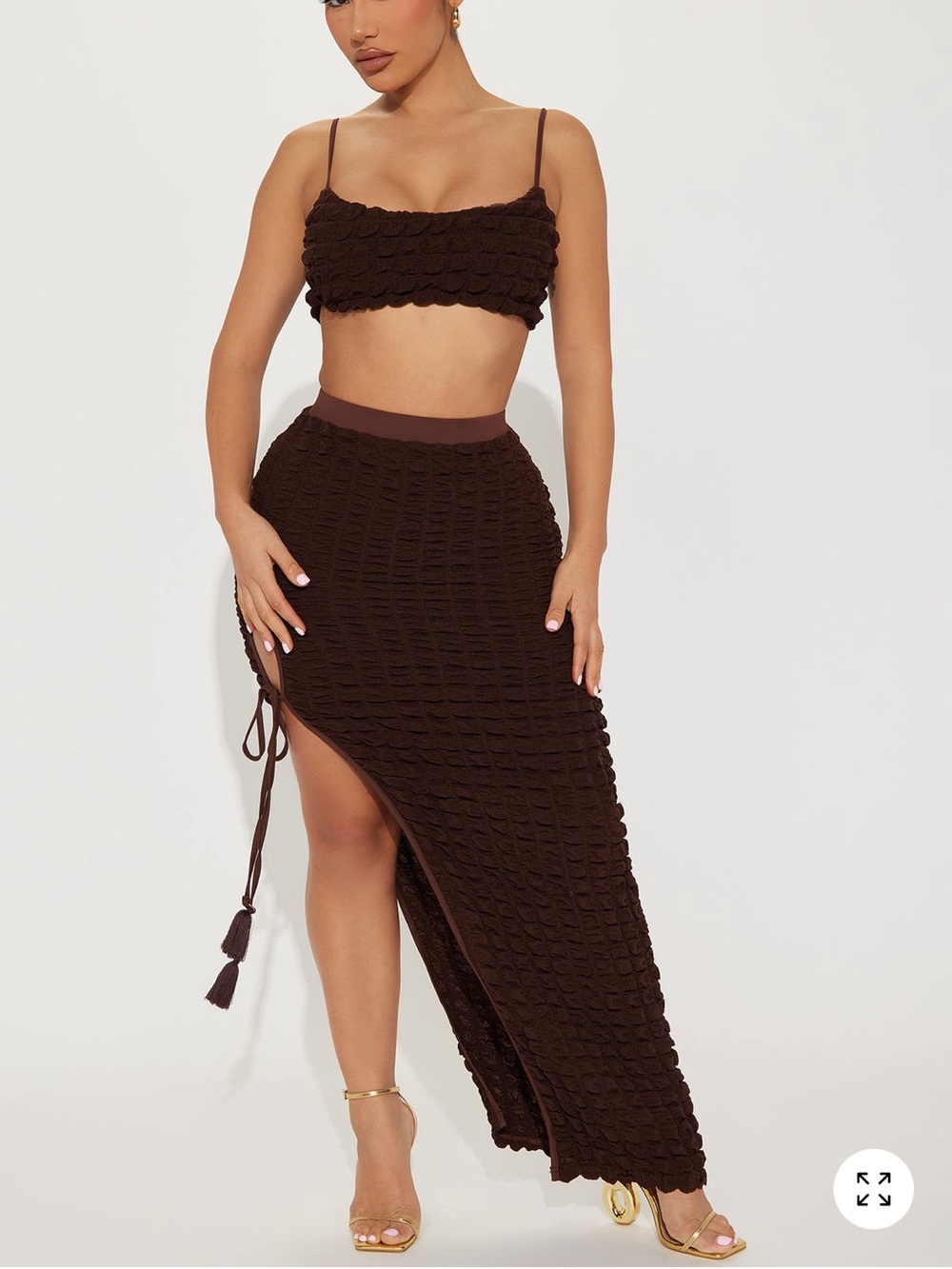 Brown Bubble Textured Asymmetric Maxi Skirt and Top Set